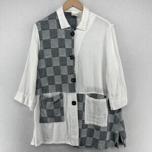 MILL VALLEY Top Womens L Tunic Linen Blend Patchwork Lagenlook Button Up Gray